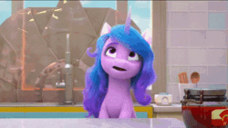 Size: 498x280 | Tagged: safe, screencap, izzy moonbow, pony, unicorn, g5, my little pony: make your mark, my little pony: make your mark chapter 1, spoiler:my little pony: make your mark, animated, cute, female, food, gif, horn, horn impalement, izzy impaling things, kitchen, mare, pizza, solo