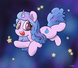 Size: 2048x1790 | Tagged: safe, artist:limitmj, izzy moonbow, pony, unicorn, g5, atg 2022, backwards cutie mark, cute, floating, horn, izzybetes, newbie artist training grounds, open mouth, space, stars, zero gravity