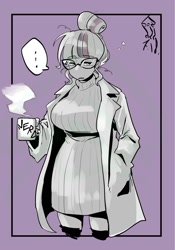 Size: 1400x2000 | Tagged: safe, artist:sozglitch, sci-twi, twilight sparkle, human, g4, ..., big breasts, breasts, busty sci-twi, clothes, coffee, drink, female, glasses, hand in pocket, humanized, lab coat, messy hair, nerd, purple background, simple background, solo, speech bubble, steam, sweater, tired