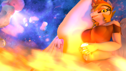 Size: 3840x2160 | Tagged: safe, artist:silkworm205, derpibooru exclusive, daybreaker, alicorn, anthro, series:silkworm205's weekly artwork 2022, g4, 3d, 4k, asteroid, belly button, big breasts, breasts, busty daybreaker, clothes, colored eyebrows, eyebrows, female, fire, gem, glowing mane, grin, helmet, high res, holding, looking at you, macro, moon, planet, pony bigger than a planet, pony bigger than a star, revamped anthros, shirt, shorts, smiling, smiling at you, solo, source filmmaker, space, spread wings, sun, wide hips, wings