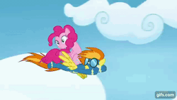 Size: 640x360 | Tagged: safe, screencap, pinkie pie, spitfire, earth pony, pegasus, pony, g4, season 7, secrets and pies, animated, clothes, duo, female, flying, gif, gifs.com, mare, nose in the air, open mouth, pinkie pie riding spitfire, ponies riding ponies, riding, spread wings, tree, uniform, wings, wonderbolts uniform