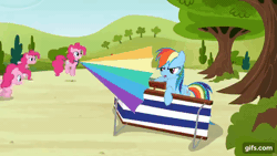 Size: 640x360 | Tagged: safe, screencap, pinkie pie, rainbow dash, earth pony, pegasus, pony, g4, season 3, too many pinkie pies, ^^, animated, beach chair, bipedal, chair, cute, diapinkes, eyes closed, female, gif, gifs.com, mare, multeity, open mouth, open smile, smiling, too much pink energy is dangerous, tree, umbrella