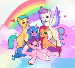 Size: 1885x1721 | Tagged: safe, artist:xxk1ttyl1tterxx, hitch trailblazer, izzy moonbow, pipp petals, sunny starscout, zipp storm, earth pony, pegasus, pony, unicorn, g5, adorapipp, cellphone, cute, female, group, heart, male, mane five, mare, phone, quintet, rainbow, royal sisters (g5), siblings, sisters, smartphone, spread wings, stallion, wings