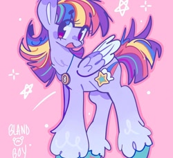 Size: 1370x1248 | Tagged: safe, artist:bland__boy, oc, oc only, oc:starfall, pegasus, pony, eye clipping through hair, eyebrows, eyebrows visible through hair, female, folded wings, jewelry, looking at you, mare, necklace, open mouth, open smile, pink background, simple background, smiling, smiling at you, solo, starry background, stars, wings