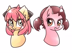 Size: 1923x1420 | Tagged: safe, artist:namaenonaipony, earth pony, pony, anime, anya forger, becky blackbell, bust, duo, duo female, eye clipping through hair, female, looking at you, mare, open mouth, ponified, simple background, spy x family, white background