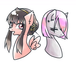 Size: 1723x1420 | Tagged: safe, artist:namaenonaipony, earth pony, pegasus, pony, anime, bust, duo, duo female, ear piercing, eye clipping through hair, female, fiona frost, hair over eyes, looking at you, mare, open mouth, piercing, ponified, simple background, spy x family, white background, wings, yor forger
