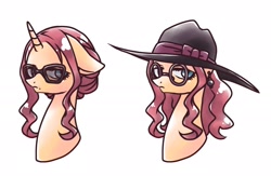 Size: 2180x1420 | Tagged: safe, artist:namaenonaipony, pony, unicorn, anime, bust, ear piercing, female, floppy ears, glasses, hat, horn, looking at you, mare, piercing, ponified, simple background, solo, spy x family, sylvia sherwood, white background