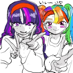 Size: 1024x1024 | Tagged: safe, artist:8165tanmen, rainbow dash, twilight sparkle, human, equestria girls, g4, alternate hairstyle, blush sticker, blushing, clothes, duo, duo female, female, heart, japanese, looking at you, open mouth, open smile, peace sign, simple background, smiling, smiling at you, sweat, sweater, white background