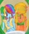 Size: 520x603 | Tagged: safe, artist:8165tanmen, applejack, rainbow dash, human, equestria girls, g4, belly button, breasts, brushing teeth, cleavage, clothes, duo, duo female, eye clipping through hair, female, freckles, hatless, lesbian, looking at someone, midriff, mirror, missing accessory, onomatopoeia, ship:appledash, shipping, sleeping, sound effects, toothbrush, zzz