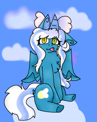 Size: 1091x1370 | Tagged: safe, artist:flurryc, oc, oc:fleurbelle, alicorn, pony, :p, alicorn oc, chest fluff, cloud, female, horn, mare, on a cloud, sitting, sitting on a cloud, sky, solo, tongue out, wings, yellow eyes