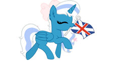 Size: 1280x637 | Tagged: safe, artist:mlpcreativityyt, oc, oc:fleurbelle, alicorn, pony, alicorn oc, bow, british, eyes closed, female, flag, hair bow, horn, mare, simple background, solo, transparent background, trotting, wings