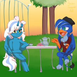 Size: 1000x1000 | Tagged: safe, artist:randomimaginaryart, oc, oc only, oc:fleurbelle, oc:lord ben maza, alicorn, griffon, semi-anthro, alicorn oc, arm hooves, beanie, bow, cake, cup, drink, drinking, duo, food, grass, green eyes, griffon oc, hair bow, hat, horn, simple background, sitting, sky, table, teacup, teapot, tree, wings, yellow background