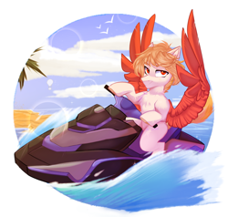 Size: 1050x1000 | Tagged: safe, artist:thieftea, oc, oc only, hybrid, pegasus, pony, jet ski, looking at you, solo, spread wings, wave, wings