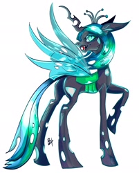 Size: 1646x2048 | Tagged: safe, artist:bestlifeb4, queen chrysalis, changeling, changeling queen, g4, butt, crown, female, horn, insect wings, jewelry, mare, plot, profile, raised hoof, regalia, sharp teeth, signature, simple background, solo, spread wings, teeth, white background, wings