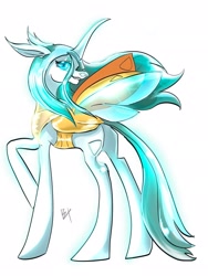 Size: 1536x2048 | Tagged: safe, artist:bestlifeb4, queen chrysalis, changedling, changeling, changeling queen, g4, butt, changedling queen, female, horn, insect wings, mare, orin's chrysalis, plot, profile, purified chrysalis, raised hoof, reformed, signature, simple background, solo, spread wings, white background, wings