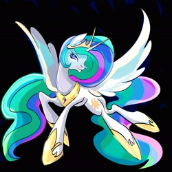 Size: 2048x2048 | Tagged: safe, artist:bestlifeb4, princess celestia, alicorn, pony, g4, black background, butt, female, flying, high res, horn, jewelry, mare, plot, profile, regalia, simple background, solo, spread wings, wings