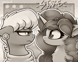 Size: 1080x870 | Tagged: safe, artist:llametsul, izzy moonbow, ms. harshwhinny, earth pony, pony, unicorn, g4, g5, annoyed, atg 2022, black and white, chest fluff, duo, ear piercing, female, floppy ears, grayscale, looking at each other, looking at someone, mare, monochrome, newbie artist training grounds, piercing, signature, stare, staring contest, unamused