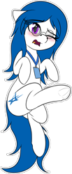Size: 1117x2714 | Tagged: safe, artist:seafooddinner, oc, oc only, oc:jaxapone, earth pony, pony, blushing, body pillow, body pillow design, earth pony oc, eyebrows, eyebrows visible through hair, female, floppy ears, frog (hoof), glasses, lanyard, looking at you, mare, one eye closed, open mouth, raised leg, simple background, transparent background, underhoof