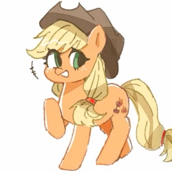 Size: 729x729 | Tagged: safe, artist:xiooo_witch, applejack, earth pony, pony, g4, applejack's hat, cowboy hat, eye clipping through hair, female, freckles, hat, looking at you, mare, raised hoof, simple background, solo, white background