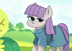 Size: 842x595 | Tagged: safe, artist:xiooo_witch, maud pie, earth pony, pony, g4, maud pie (episode), bush, clothes, female, looking at you, mare, outdoors, solo, tree