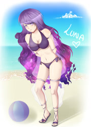 Size: 1530x2141 | Tagged: safe, artist:wavecipher, princess luna, human, g4, beach, bikini, breasts, cleavage, clothes, ethereal hair, female, hands behind back, humanized, looking at you, sandals, side-tie bikini, solo, swimsuit