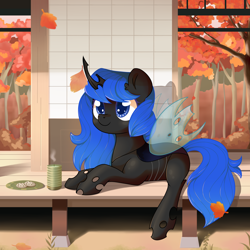 Size: 2100x2100 | Tagged: safe, artist:wavecipher, oc, oc only, oc:blue visions, changeling, autumn, bench, blue changeling, candle, commission, high res, leaves, solo, x0000 milestone, ych result