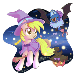 Size: 2163x2170 | Tagged: safe, artist:wavecipher, oc, oc only, oc:pixie bell, pony, pumpkaboo, swoobat, broom, candy, clothes, commission, costume, crossover, flying, flying broomstick, food, halloween, halloween costume, high res, lollipop, pokémon, simple background, solo, transparent background, witch, ych result