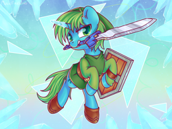 Size: 1600x1200 | Tagged: safe, artist:wavecipher, oc, oc only, oc:nemephir, pony, unicorn, abstract background, clothes, cosplay, costume, crossover, link, master sword, mouth hold, shield, solo, sword, the legend of zelda, the legend of zelda: the wind waker, weapon