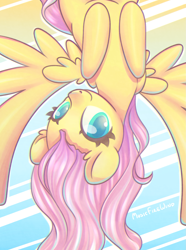 Size: 1369x1839 | Tagged: safe, artist:wavecipher, fluttershy, pegasus, pony, g4, cute, female, looking at you, mare, shyabetes, smiling, solo, spread wings, upside down, wings