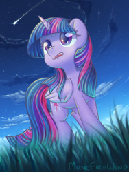Size: 1200x1600 | Tagged: safe, artist:wavecipher, twilight sparkle, alicorn, pony, g4, epic, female, grass, looking up, mare, night, shooting star, solo, stars, twilight sparkle (alicorn)