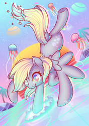 Size: 2480x3508 | Tagged: safe, artist:wavecipher, derpy hooves, jellyfish, pegasus, pony, g4, butt, epic derpy, female, high res, mare, plot, solo, spread wings, vaporwave, wings