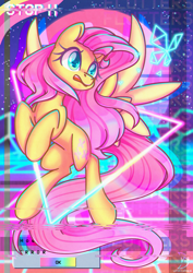 Size: 2480x3508 | Tagged: safe, artist:wavecipher, fluttershy, pegasus, pony, g4, distortion, female, heart, heart eyes, high res, mare, open mouth, retrowave, solo, spread wings, synthwave, triangle, vaporwave, wingding eyes, wings