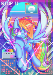 Size: 2480x3508 | Tagged: safe, artist:wavecipher, rainbow dash, pegasus, pony, g4, absurd file size, colored wings, distortion, female, heart, heart eyes, high res, looking at you, mare, open mouth, solo, spread wings, vaporwave, wingding eyes, wings