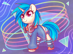 Size: 1600x1200 | Tagged: safe, alternate version, artist:wavecipher, dj pon-3, vinyl scratch, pony, unicorn, g4, abstract background, clothes, female, headphones, mare, shoes, solo, triangle