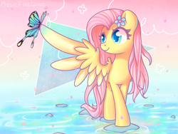 Size: 1600x1200 | Tagged: safe, artist:wavecipher, fluttershy, butterfly, pegasus, pony, g4, alternate hairstyle, cute, female, flower, flower in hair, looking at something, mare, one wing out, shyabetes, sitting on wing, smiling, solo, standing, triangle, water, wings