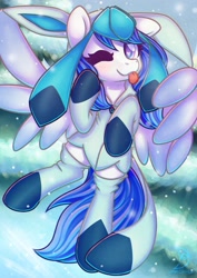 Size: 2480x3508 | Tagged: safe, alternate version, artist:wavecipher, oc, oc only, oc:blue visions, changeling, glaceon, pegasus, pony, ;p, changeling oc, clothes, commission, costume, disguise, disguised changeling, female, heart, heart eyes, high res, looking at you, one eye closed, pegasus oc, pokémon, solo, tongue out, wingding eyes, wings, winter