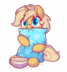 Size: 2480x2650 | Tagged: safe, alternate version, artist:wavecipher, oc, oc only, oc:sunlight bolt, pony, unicorn, biting, bowl, commission, food, high res, hug, male, pillow, pillow hug, popcorn, scared, simple background, solo, stallion, white background, ych result