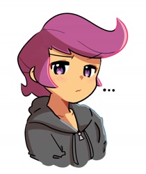 Size: 1300x1547 | Tagged: safe, artist:kindakismet, scootaloo, human, equestria girls, g4, ..., bust, clothes, female, jacket, looking at you, sad, simple background, solo, white background