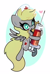 Size: 1800x2658 | Tagged: safe, artist:kindakismet, oc, oc only, pegasus, pony, circle background, commission, giant syringe, hat, heart, looking at you, nurse hat, open mouth, simple background, solo, spread wings, syringe, white background, wings