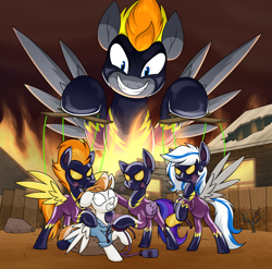 Size: 3000x2958 | Tagged: safe, artist:moonatik, fire streak, spitfire, oc, oc:blaze (shadowbolt), oc:lady lightning strike, oc:starshine bomber, pegasus, pony, new lunar millennium, g4, alternate timeline, clothes, commission, evil grin, fence, fire, gas, gas mask, grin, high res, hypnogear, hypnogoggles, latex, latex suit, marionette, mask, mind control, nightmare takeover timeline, puppet strings, puppeteer, rock, rubber drone, scared, shadowbolt drone, shadowbolts, shirt, shrub, smiling, spread wings, victorious villain, village, wings