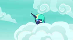 Size: 2048x1149 | Tagged: safe, screencap, princess luna, alicorn, pony, between dark and dawn, g4, season 9, adorable face, blue sky, cloud, cute, face, female, helmet, hiding, horn, lotta little things, mare, scared, sky, skydiving