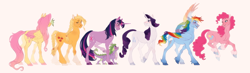Size: 2500x733 | Tagged: safe, artist:traceofstardust, applejack, fluttershy, pinkie pie, rainbow dash, rarity, spike, twilight sparkle, butterfly, dragon, earth pony, pegasus, pony, unicorn, g4, alternate design, braid, braided tail, butt, butterfly on nose, coat markings, colored hooves, colored wings, female, folded wings, freckles, group, hoof fluff, insect on nose, looking at each other, looking at someone, mane six, mare, multicolored wings, one eye closed, open mouth, plot, rainbow wings, smiling, socks (coat markings), straw in mouth, tail, unicorn twilight, unshorn fetlocks, wings