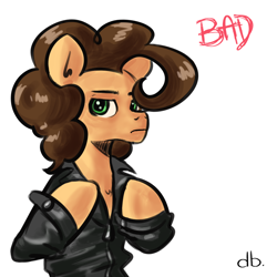 Size: 1000x1000 | Tagged: safe, cheese sandwich, earth pony, pony, g4, album cover, album parody, bad (song), clothes, even worse, jacket, leather, leather jacket, looking at you, male, michael jackson, serious, serious face, simple background, solo, stallion, voice actor joke, weird al yankovic, white background