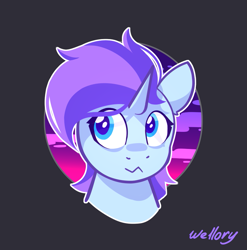 Size: 987x997 | Tagged: safe, artist:wellory, oc, oc only, pony, unicorn, bust, cute, female, gray background, signature, simple background, solo