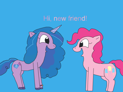 Size: 2000x1500 | Tagged: safe, artist:blazewing, izzy moonbow, pinkie pie, earth pony, pony, unicorn, g4, g5, atg 2022, blue background, bracelet, colored background, drawpile, duo, duo female, female, friendship bracelet, hi new friend, implied time travel, izzy and her heroine, jewelry, mare, newbie artist training grounds, simple background, smiling, text