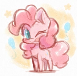 Size: 874x866 | Tagged: safe, artist:oofycolorful, pinkie pie, earth pony, pony, g4, balloon, chest fluff, cute, diapinkes, doodle, female, looking at you, one eye closed, ponk, simple background, solo, stars, tongue out, white background, wink, winking at you