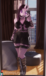 Size: 1160x1920 | Tagged: safe, artist:rinny, izzy moonbow, unicorn, anthro, g4, g5, 3d, black hair, black lipstick, black nail polish, blender, boots, breasts, buckle, busty izzy moonbow, cellphone, choker, clothes, eyeshadow, female, fingerless gloves, fishnet stockings, g5 to g4, generation leap, gloves, goth, goth izzy, high heel boots, knee-high boots, lipstick, makeup, miniskirt, phone, shoes, skirt, smartphone, socks, solo, stockings, thigh highs