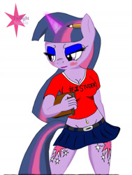 Size: 1315x1736 | Tagged: safe, artist:zachthehedgehog97-2, twilight sparkle, unicorn, anthro, g4, 2012, belly button, belly piercing, bellyring, book, both cutie marks, breasts, busty twilight sparkle, cleavage, clothes, eyeshadow, female, makeup, miniskirt, pencil, pencil behind ear, piercing, simple background, skirt, solo, white background