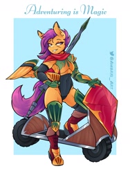Size: 1800x2400 | Tagged: safe, artist:ambris, scootaloo, pegasus, anthro, adventuring is magic, g4, armor, clothes, dungeons and dragons, fantasy class, fighter, grin, helmet, high-cut clothing, leotard, lidded eyes, pen and paper rpg, rpg, scar, scooter, smiling, vehicle, weapon, wings