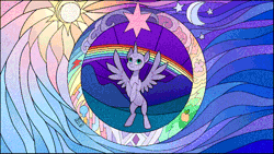 Size: 640x360 | Tagged: safe, artist:rumista, alicorn, pegasus, pony, unicorn, animated, commission, gif, glowing, glowing horn, horn, solo, stained glass, your character here